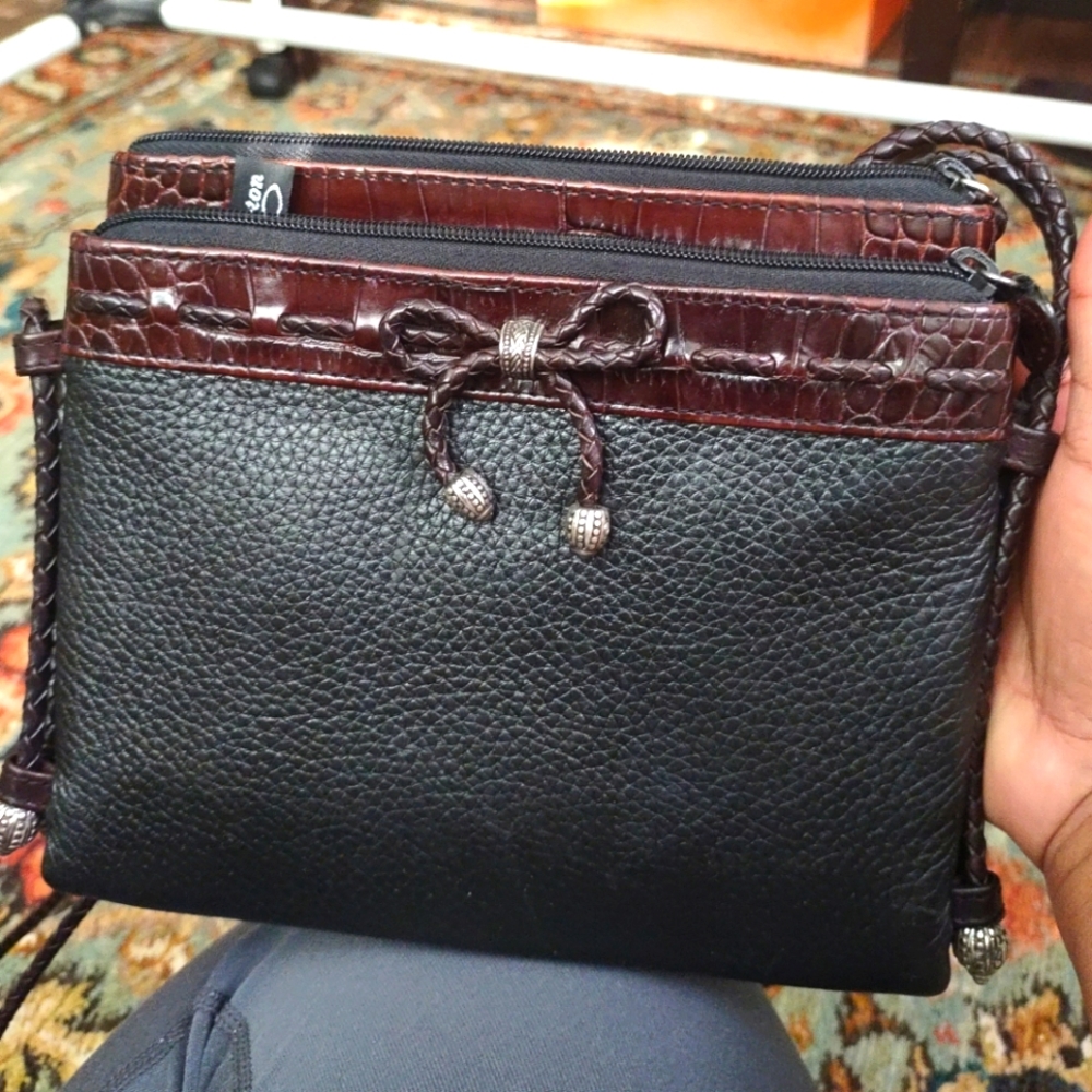 VTG Brighton Black & Brown Leather Crossbody Purse Bag